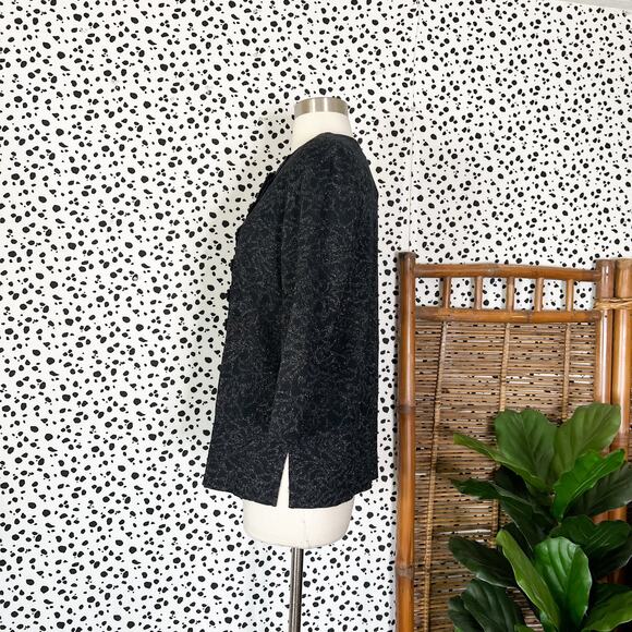 NEW Ming Wang | Black Metallic Knit Lace Trim 3/4 Sleeve Sweater Jacket S NWT - Picture 7 of 9